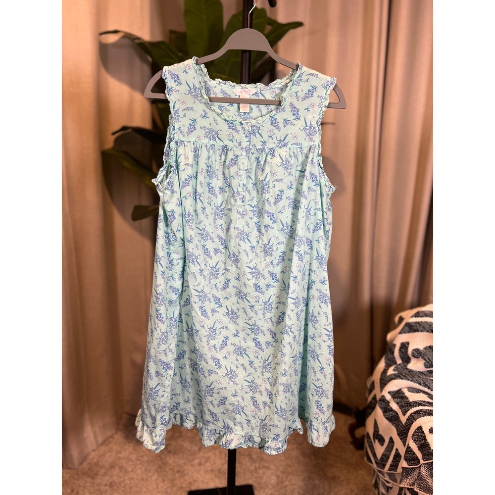 Adonna Sleepwear Womens XL Mint Green Floral Ruffle Trim Sleeveless Nightgown